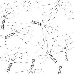 Seamless festive pattern with hand-drawn fireworks in minimal line art style. Simple black and white doodle background perfect for celebration, holiday design, wrapping paper, or textile. Modern minim