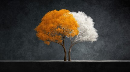 Two trees, one with orange leaves, the other with white leaves, against a textured dark gray background.