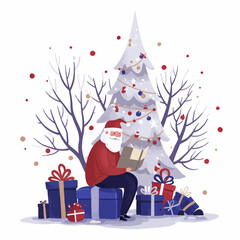 Charming watercolor illustration of Santa Claus reading a book while sitting on a pile of presents next to a festive Christmas tree