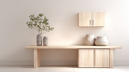 Wooden bench with decorative pottery and wall-mounted cabinets in a minimalist interior.