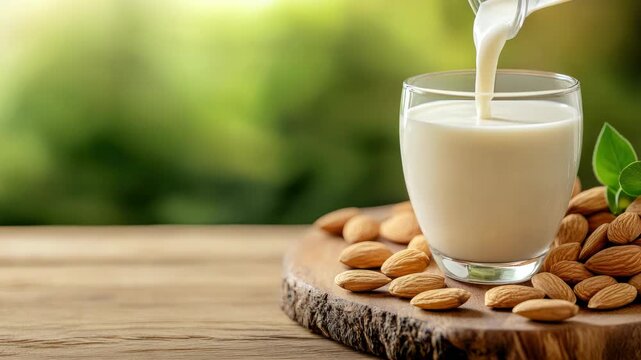 Almond milk pouring into a glass on a rustic wood table with scattered almonds, vegan, dairy free beverage ideal for breakfast, plant based nutrition and healthy living