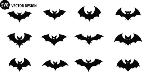 Black bat silhouettes in symmetrical design, spooky Halloween vector graphic, flying bats with glowing eyes, SVG scalable illustration for decoration