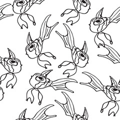Seamless pattern with abstract fish drawn in minimalistic line art style. Black and white doodle sea animals perfect for textile, wrapping paper, wallpaper, and backgrounds. Modern hand-drawn ocean th