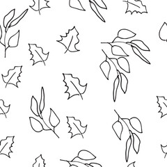 Seamless botanical pattern with minimalistic hand-drawn leaves and branches. Simple black and white line art design perfect for fabric, wrapping paper, wallpaper, and backgrounds. Modern natural minim