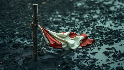 desaturated. A broken flagpole lying in muddy ground with a tattered flag under overcast sky. wellbeing guides, coaching materials, designed for mental health education and mindfulness programs.