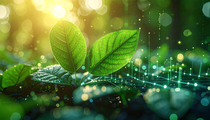 Growth and Renewal: A vibrant image of young green leaves emerging from the earth, bathed in sunlight, symbolizing new beginnings, sustainability, and the harmony of nature. 