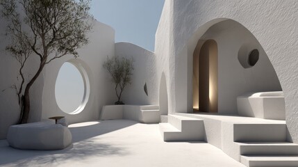 White architectural structure with arched openings and olive trees.