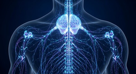 Stunning 3D visualization of the human nervous system with glowing brain and intricate neural pathways, perfect for medical science and technology themes