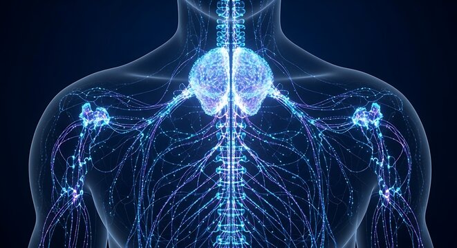 Stunning 3D visualization of the human nervous system with glowing brain and intricate neural pathways, perfect for medical science and technology themes