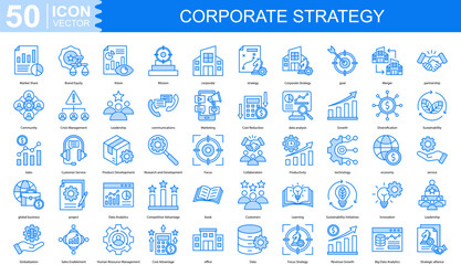 corporate strategy icon collection set. Containing Market Share, Brand Equity, Vision, Mission, corporate, strategy icon