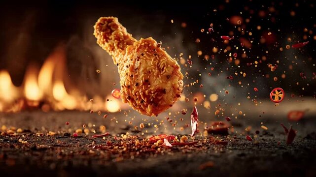 Crispy fried chicken leg levitating against a fiery backdrop, surrounded by spices.