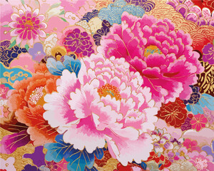 Elegante patr&oacute;n floral vectorizado con flores de peon&iacute;a y motivos japoneses en tonos rosados y dorados.