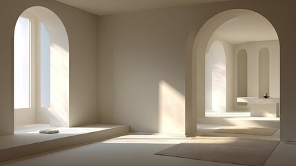 Minimalist interior design featuring arched windows and natural light.