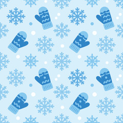 Seamless winter pattern featuring blue mittens, snowflakes, and dots on a light blue background, perfect for seasonal and festive designs