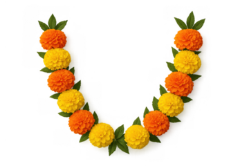 Marigold garland featuring vibrant orange and yellow flowers with green leaves. Decorating for indian festivals and celebrations