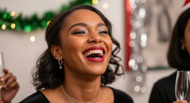 Joyful African American woman laughing heartily with friends and champagne glasses during a festive Christmas celebration. - Powered by Adobe