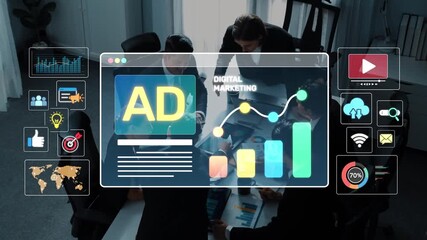 A dynamic scene depicting business professionals engaged in a meeting about digital marketing. The image shows graphs, advertising elements, and collaborative analysis. Raster - Powered by Adobe