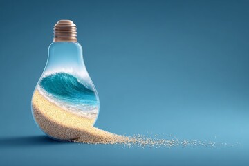 Within the bulb is a depiction of a beach and sea, characterized by a spectrum of colors that includes blue, green, pink, yellow, and orange