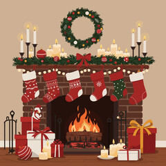 Festive Fireplace Christmas Scene Gifts, Stockings, and Wreath