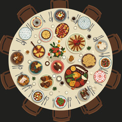 An elegant overhead illustration of a festive round dining table, showcasing a bountiful array of delicious culinary creations and settings, perfect for a joyful gathering or celebration