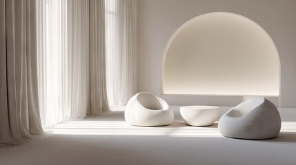 Light-filled room with minimalist stone furniture.