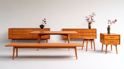 Modern wooden furniture collection displayed in a  setting.