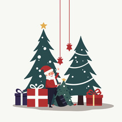 A festive holiday vector illustration of Santa Claus reading his list next to decorated pine trees and wrapped gifts for Christmas
