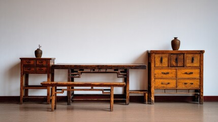 Antique wooden furniture against a white wall.