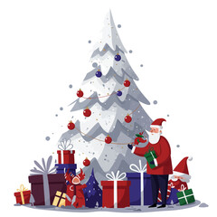 Cheerful Santa Claus with two little helpers placing ornaments on a festive Christmas tree full of presents