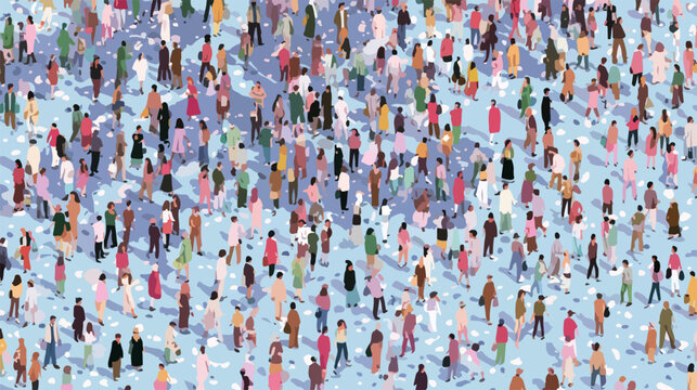 Multitud de personas diversas caminando en un patr&oacute;n abstracto, representando la vida urbana y la conexi&oacute;n social.