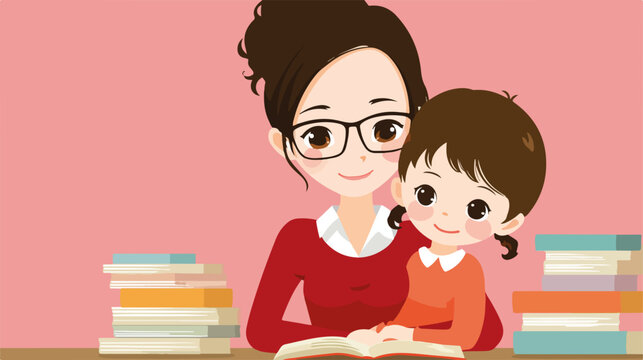 Madre e hija leyendo un libro juntas, concepto de educaci&oacute;n y amor familiar en ilustraci&oacute;n vectorial.