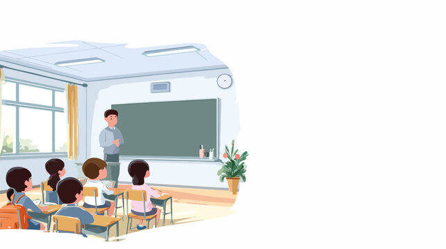Profesor imparte clase a estudiantes en un aula moderna con pizarra y pupitres, ilustraci&oacute;n vectorial.