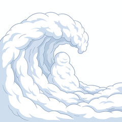 An artistic illustration of a breaking wave made of snow, with a snowman visible within its crest, capturing a unique winter ocean scene