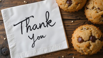 Close-up shot of “Thank You” note on tissue beside chocolate cookies, selective focus and warm tone.
