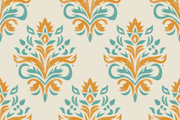 Stylish ikat seamless pattern featuring floral and leaf motifs in green and yellow. Modern ethnic-inspired pattern blends traditional craftsmanship. Perfect for fabric prints, wallpapers,home decor