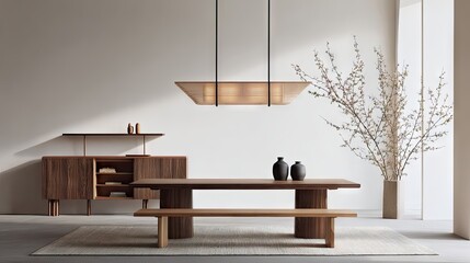 A minimalist dining area with warm wooden furniture and a decorative plant.