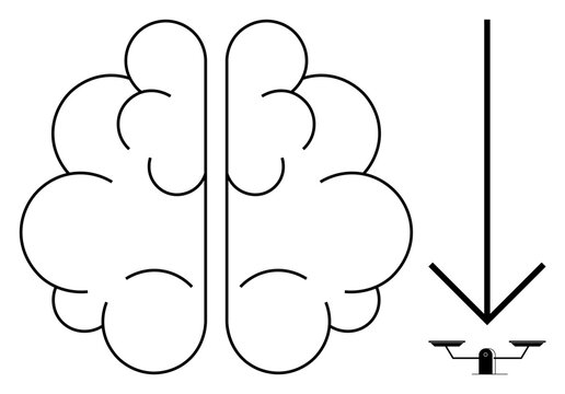 Brain outline with downward arrow and balance scale symbolizes decision-making, thought, and evaluation. Ideal for logic, critical thinking, judgement, psychology, balance, mental health simple flat
