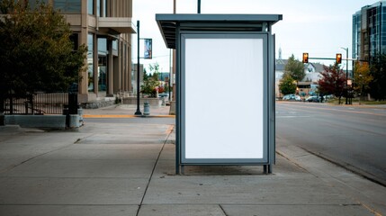 Empty Bus Stop Shelter Alongside a Modern Urban Street with Clear Skies and Minimal Foot Traffic
