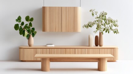Modern wooden furniture arrangement in a minimalist interior.