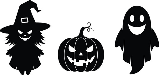 Halloween silhouette characters, witch vector, ghost illustration, pumpkin face, spooky design, scary icons, festive clipart, cad drawing flat vector illustration