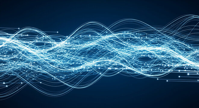 Vibrant abstract blue waves of light and particles symbolizing digital communication, information flow, and technological advancement in a futuristic design