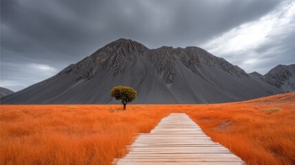 Wooden walkway through a field of autumnal grasses, leading to a mountain range.