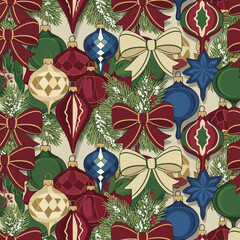 Festive Christmas Ornament and Bow Seamless Pattern for Holiday Season Decorations and Designs