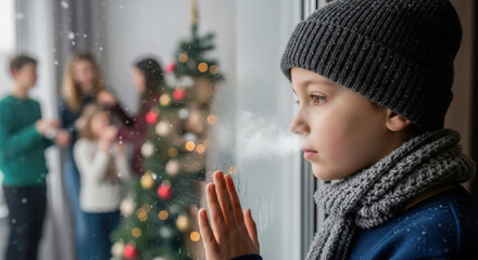 Boy in knitted hat looking at falling snow outside window, family celebrating Christmas indoors with decorated tree.