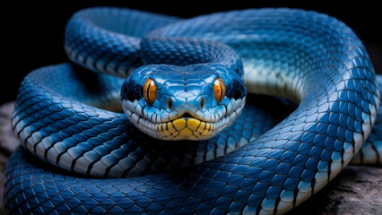 Magnificent blue viper with striking orange eyes poised and ready to strike with a dark background adding mystery