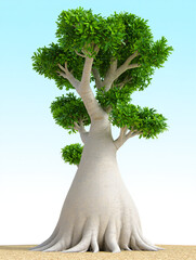 Majestic baobab tree with vibrant green leaves against a serene light blue sky creating a peaceful scene and a unique nature background