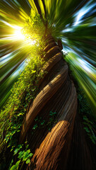 Majestic Spiraling Tree reaching for the sky with Lush Greenery and Radiant Sunlight Filtering Through Leaves creating ethereal atmosphere