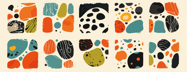 Patr&oacute;n abstracto de formas org&aacute;nicas y texturas en colores tierra, dise&ntilde;o vectorial moderno y minimalista.