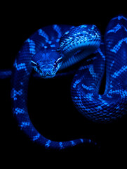 Mesmerizing Blue Tree Python Coiled in Darkness Captivating Reptile Beauty Detailed Skin Pattern Striking Wildlife Image Exotic Pet