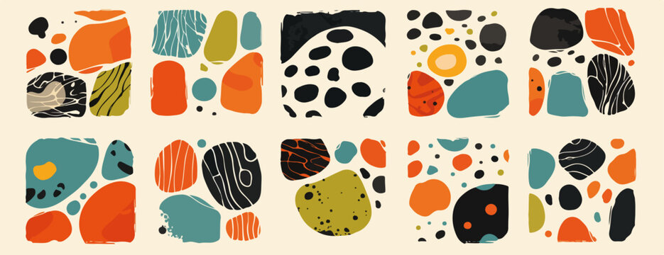 Patr&oacute;n abstracto de formas org&aacute;nicas y texturas en colores tierra, dise&ntilde;o vectorial moderno y minimalista.